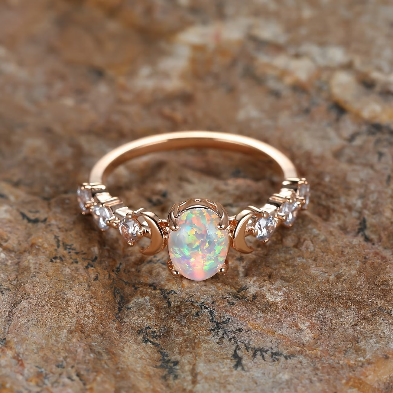 Anel Lua Crescente de Opala | Ouro Rosa