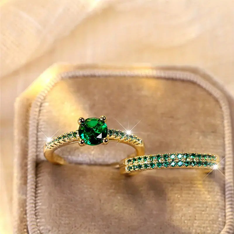 Conjunto de Anéis Serena Emerald Duo | Ouro