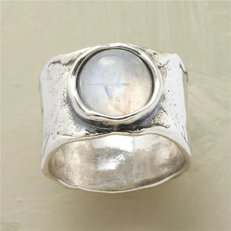 Anel Pedra da Lua Boho | Ouro Branco
