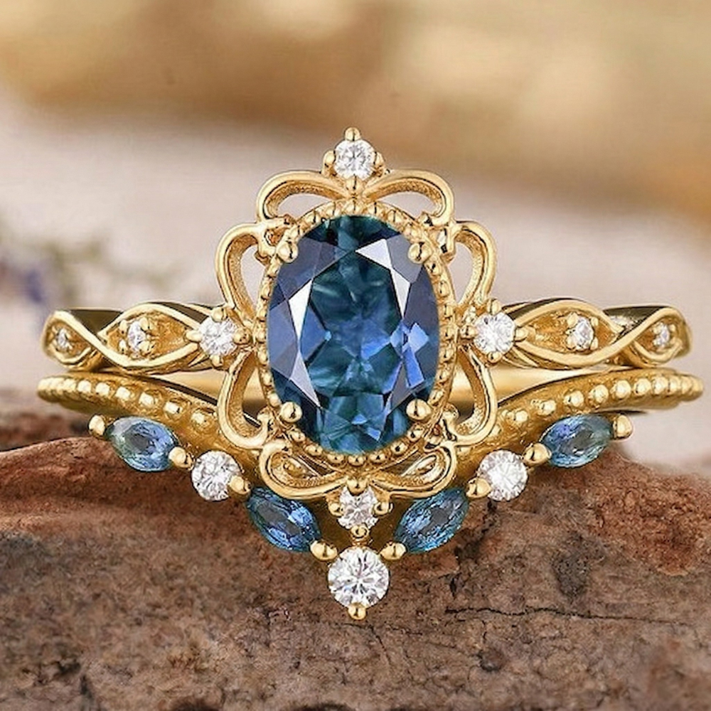 Conjunto de Anéis Azelia Coroa de Safira | Ouro