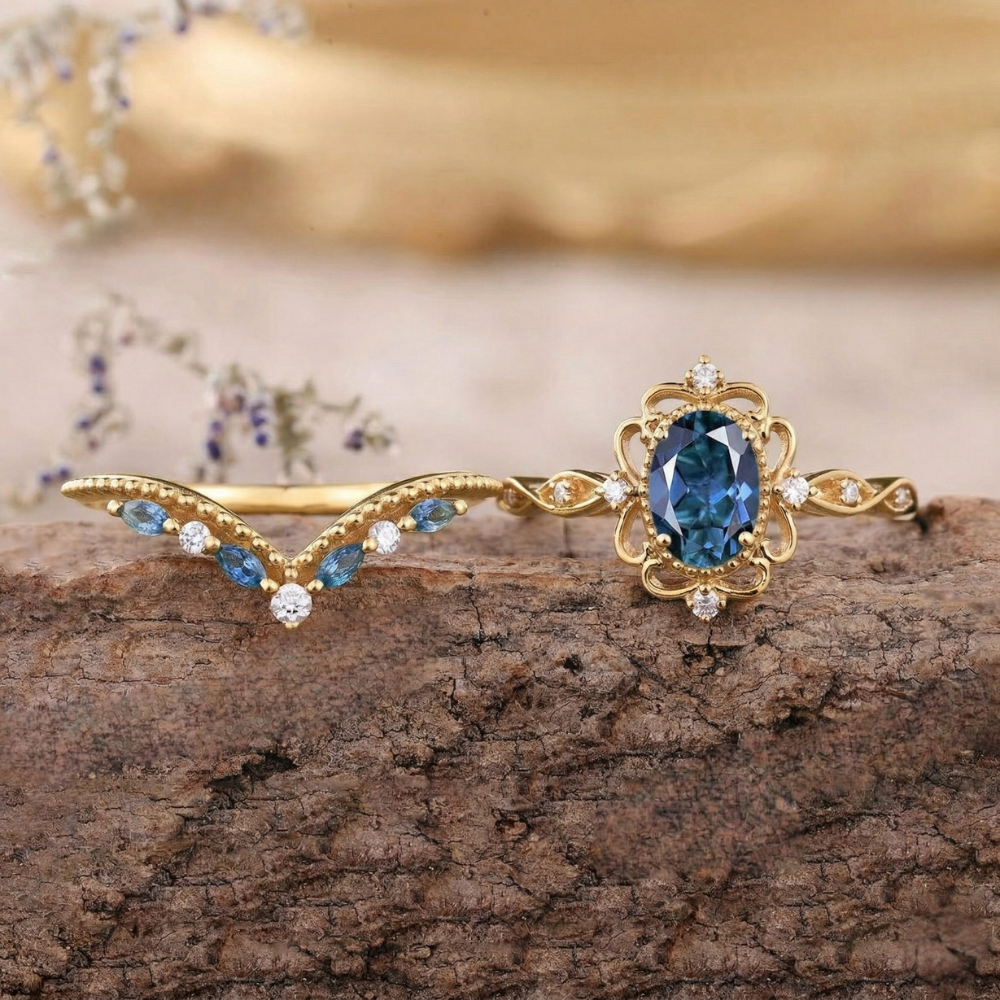 Conjunto de Anéis Azelia Coroa de Safira | Ouro