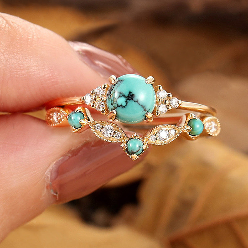 Conjunto de Anéis Aureva Coroa Turquesa | Ouro