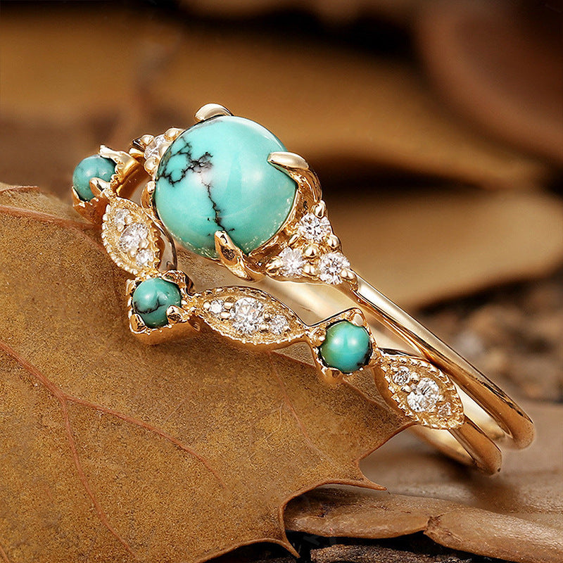 Conjunto de Anéis Aureva Coroa Turquesa | Ouro