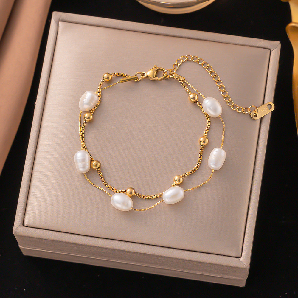 Pulseira em Camadas com Pérolas Naturais | Ouro