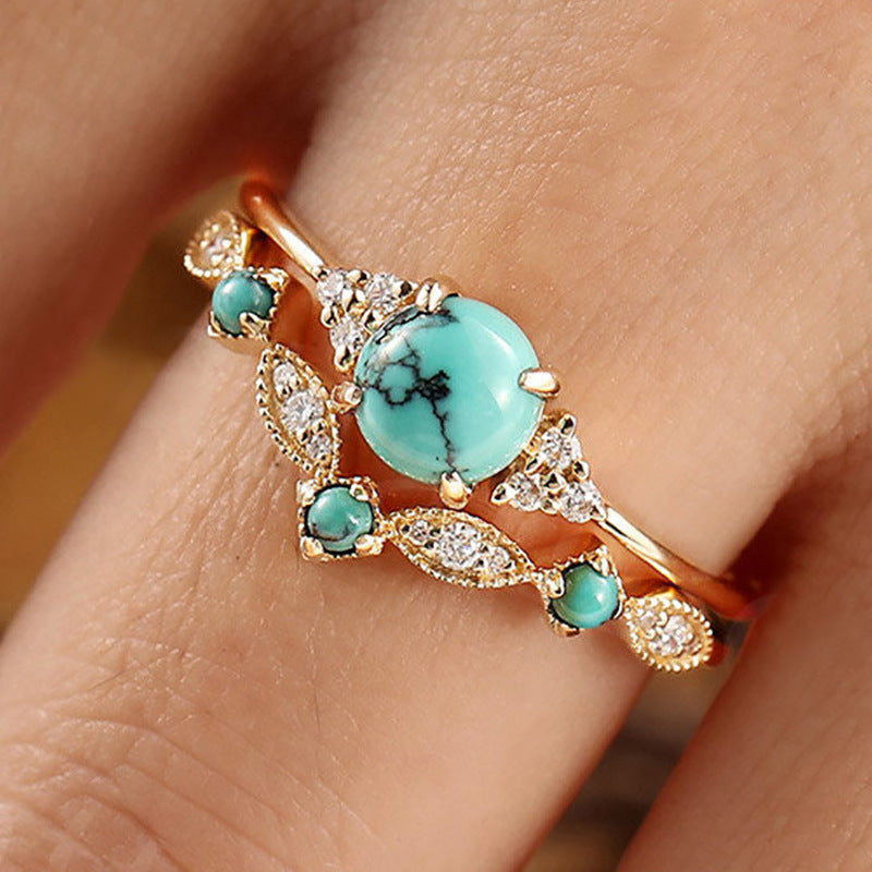 Conjunto de Anéis Aureva Coroa Turquesa | Ouro