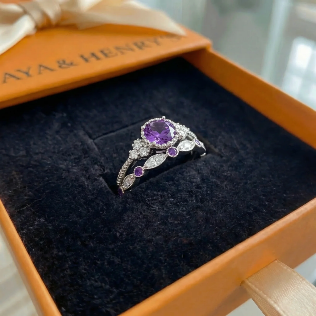 Conjunto de Anéis Coroa Violetis | Ouro Branco