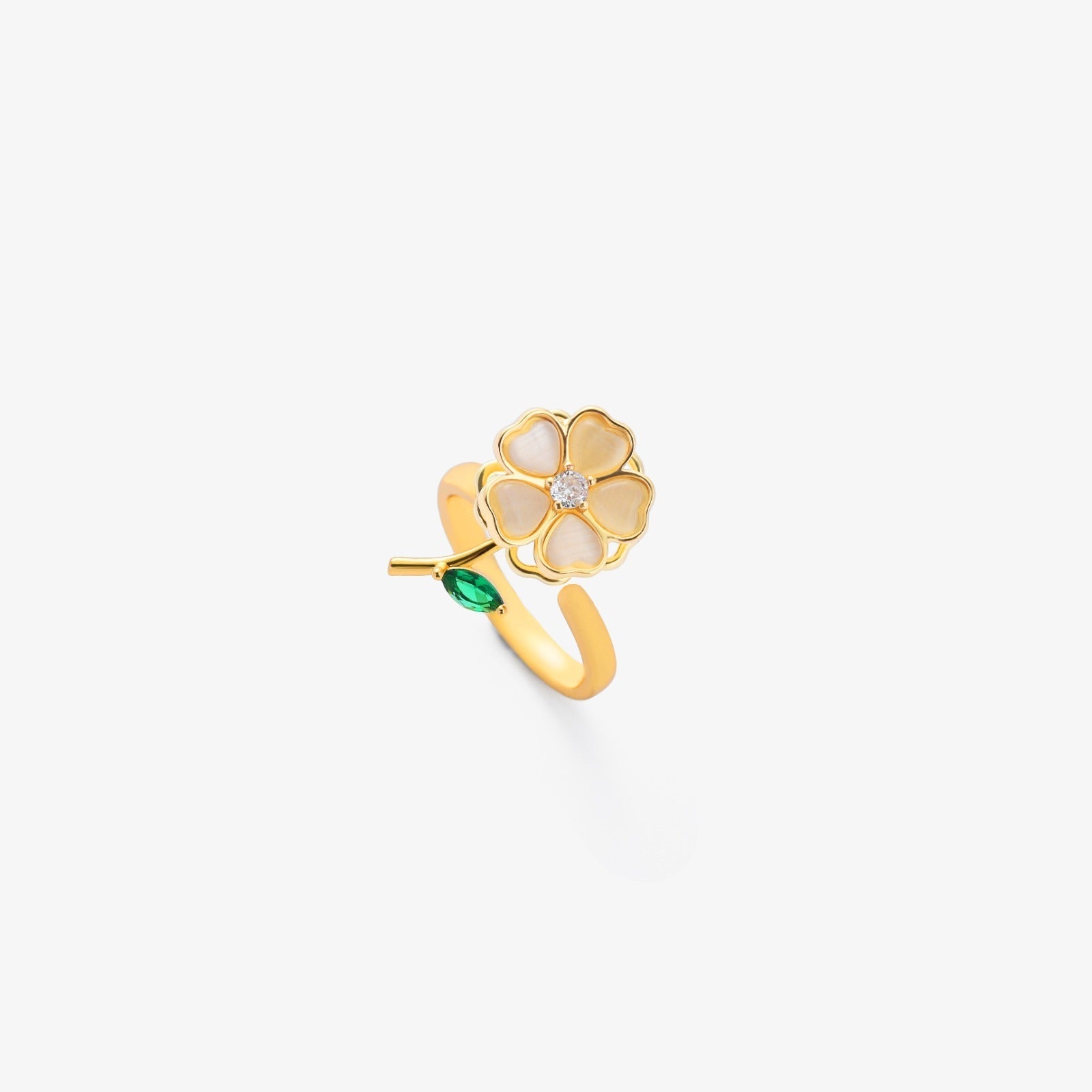 Anel Giratório Folha de Esmeralda em Flor | Ouro
