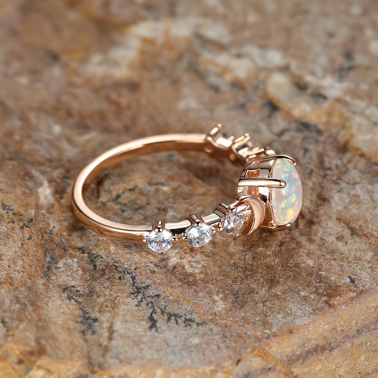 Anel Lua Crescente de Opala | Ouro Rosa