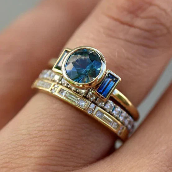 Conjunto de Anéis Vintage Azul Elegante | Ouro