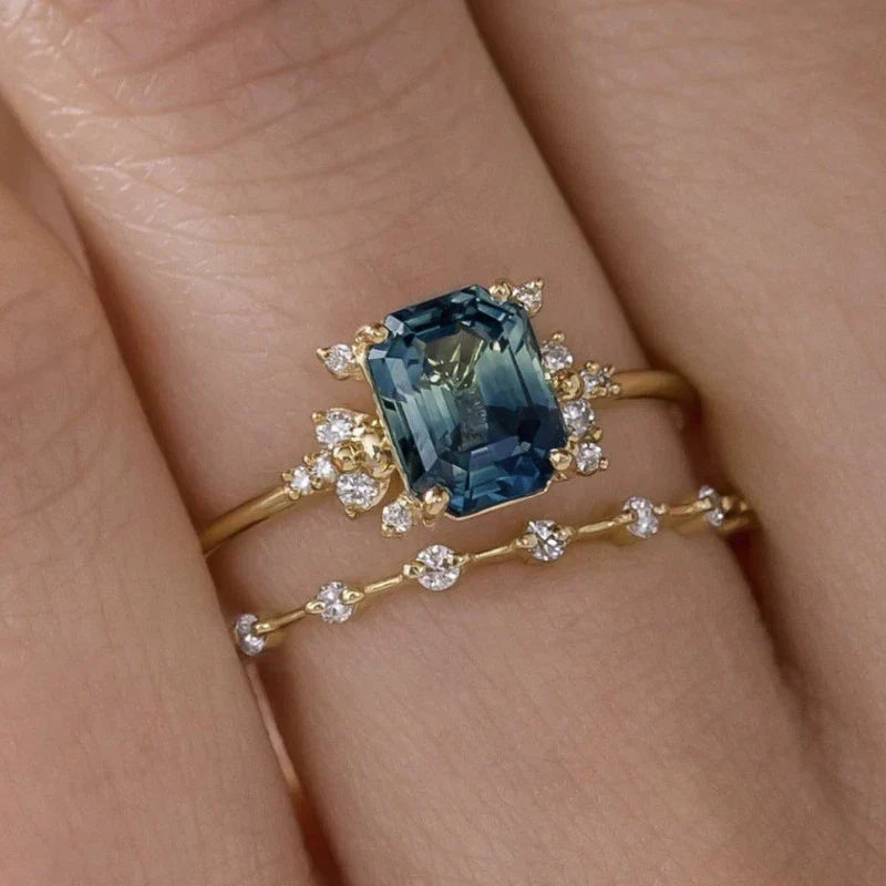Conjunto de Anéis Crystal Blue Shine | Ouro