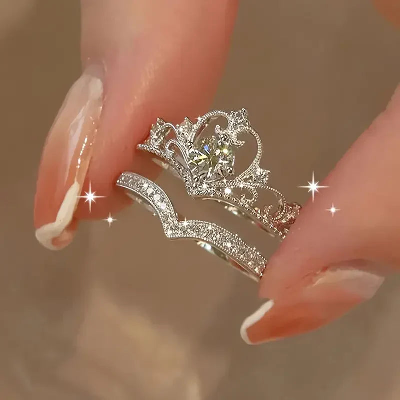 Conjunto de Anéis Shiny Crown Silver | Ouro Branco